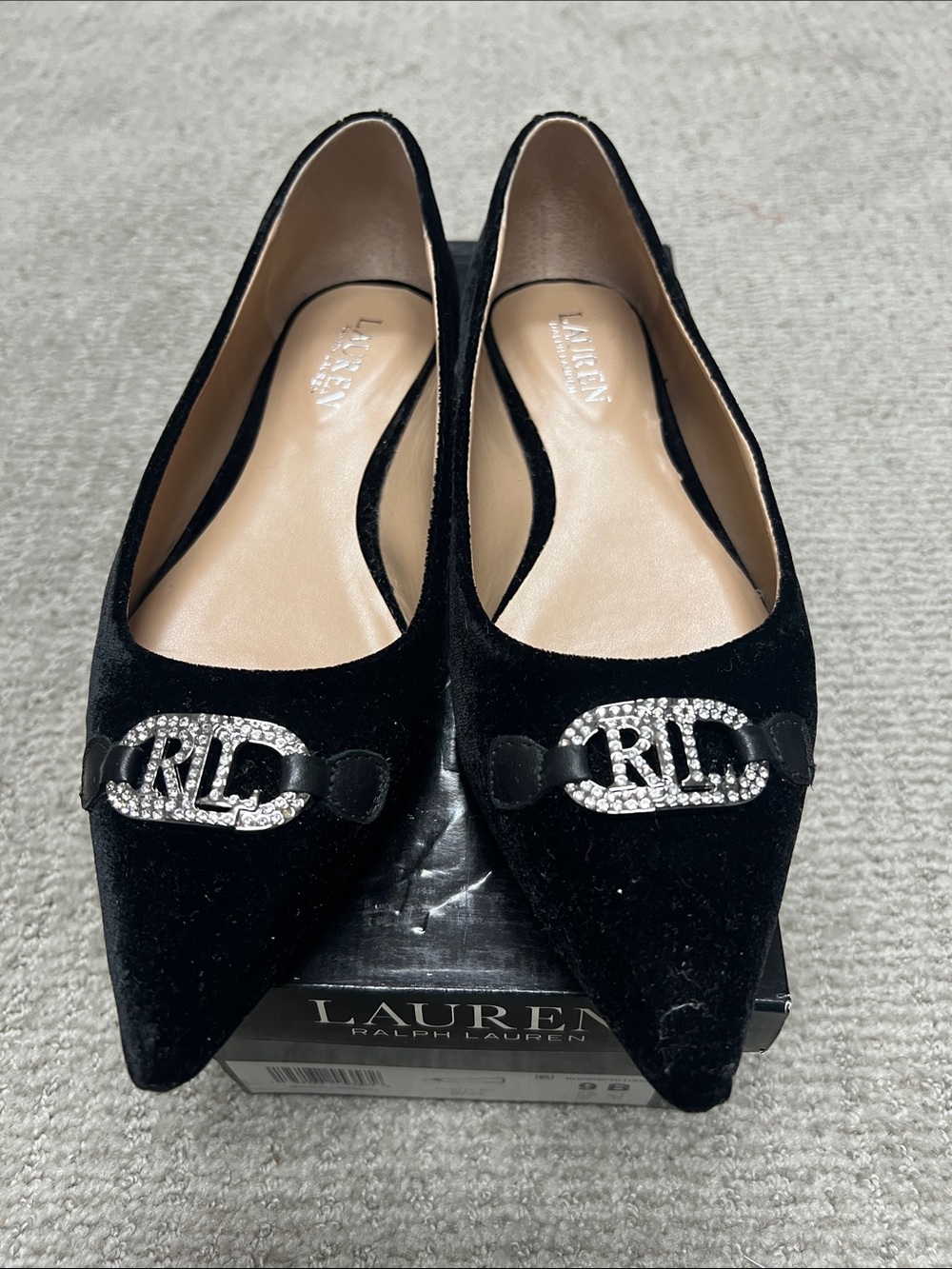 Lauren Ralph Lauren Black Velvet Pointed Ballet Flats with Rhinestone RL Buckle